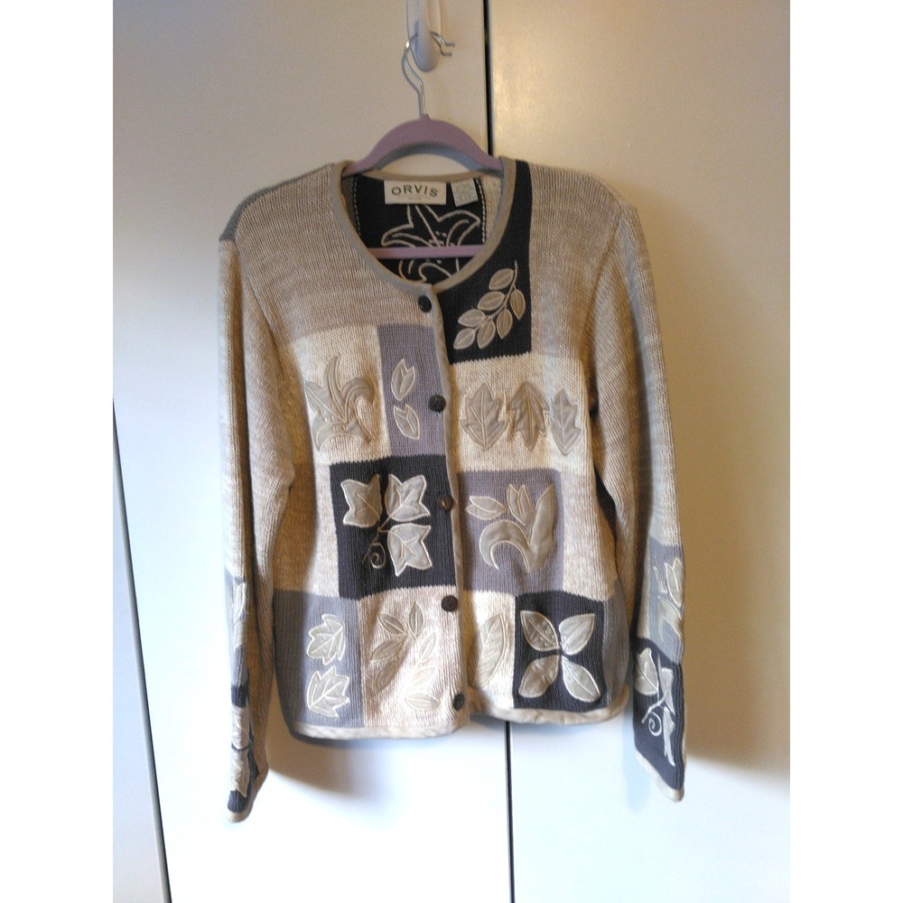 Vintage Orvis Womans Patchwork Cardigan Size L Floral Leaf Fall Cottage Grandma